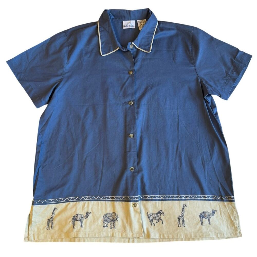 VTG Bobbie Brooks Animal Embroidered Bowling Style Cotton Button Up Top Lg Blue